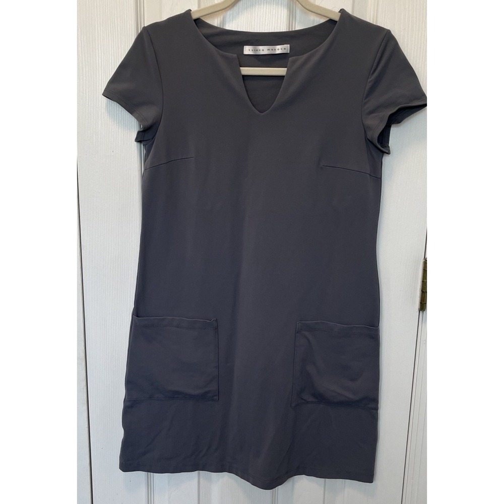 Susana Monaco Womens Gray Front Pocket Split Neck Casual T Shirt Dress Small